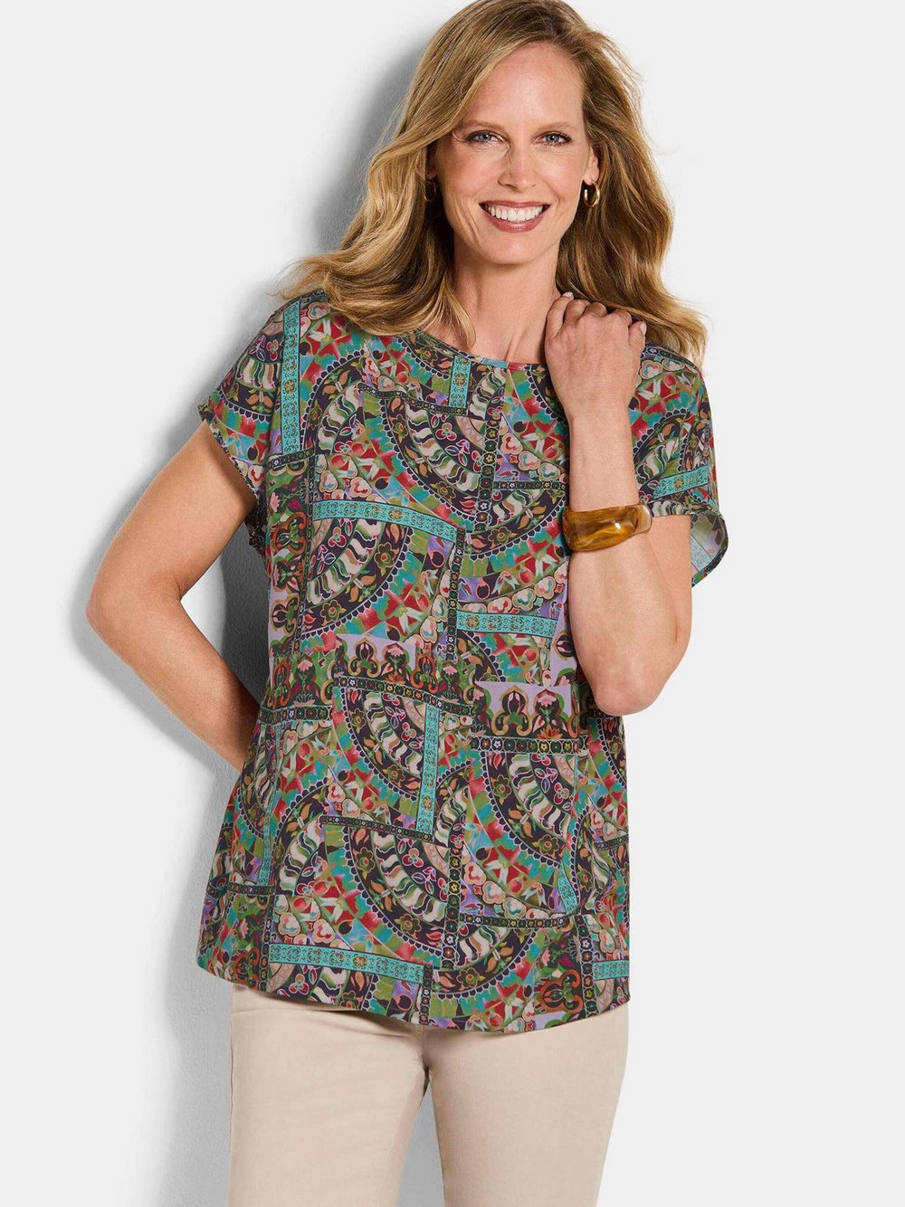 Goldner Blusenshirts ethno Damen Viskose mehrfarbig gemustert, 48