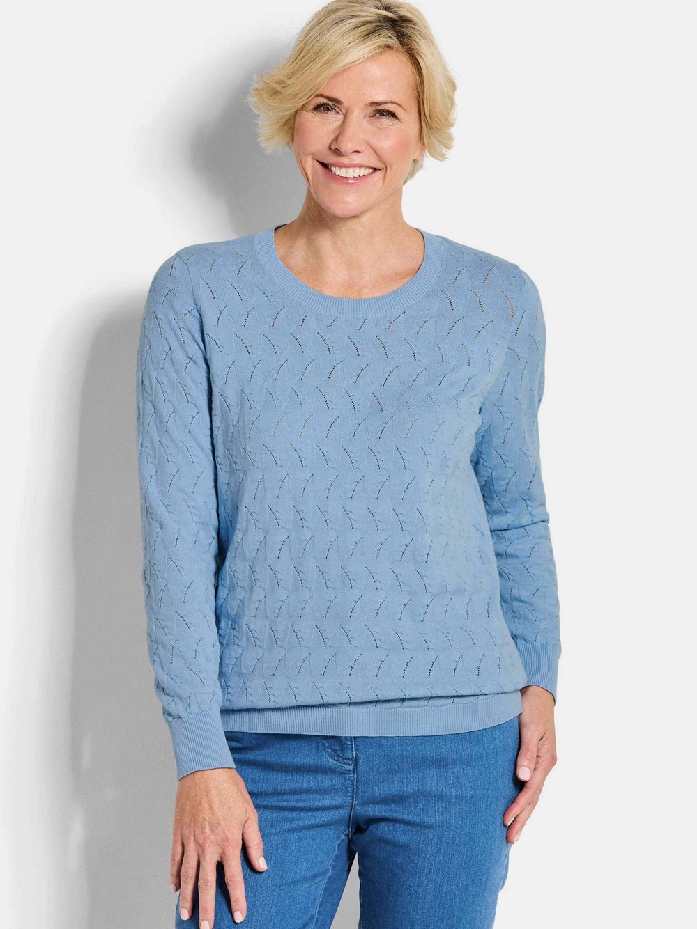 Goldner Strickpullover Damen Baumwolle blau strukturiert, 38
