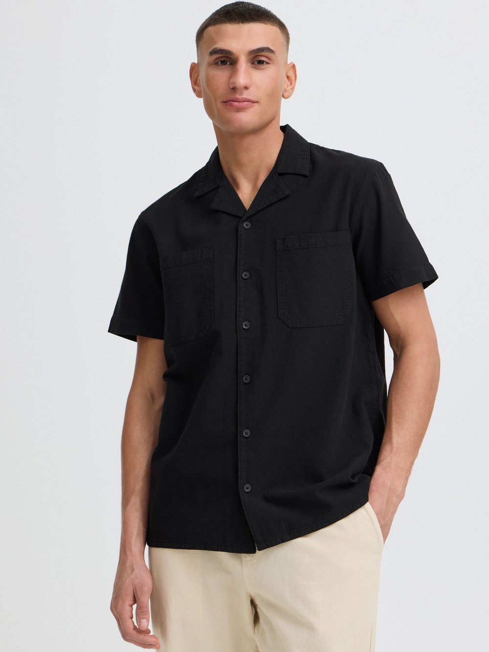 Solid Kurzarmhemd Herren Baumwolle schwarz strukturiert, XXXL