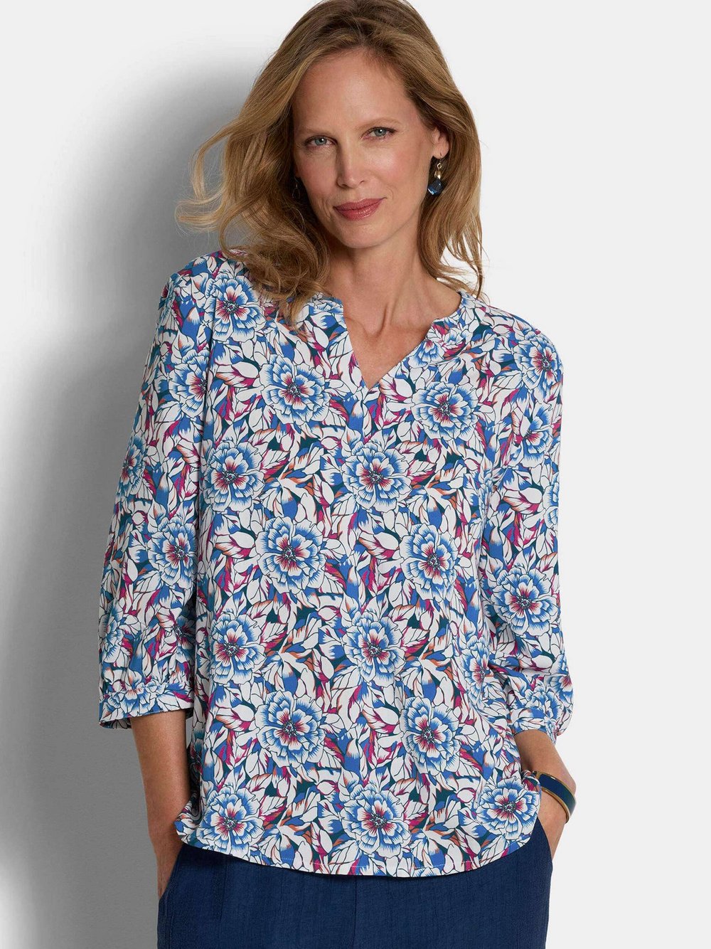 Thumbnail - Goldner Schlupfblusen Damen Viskose blau gemustert, 40