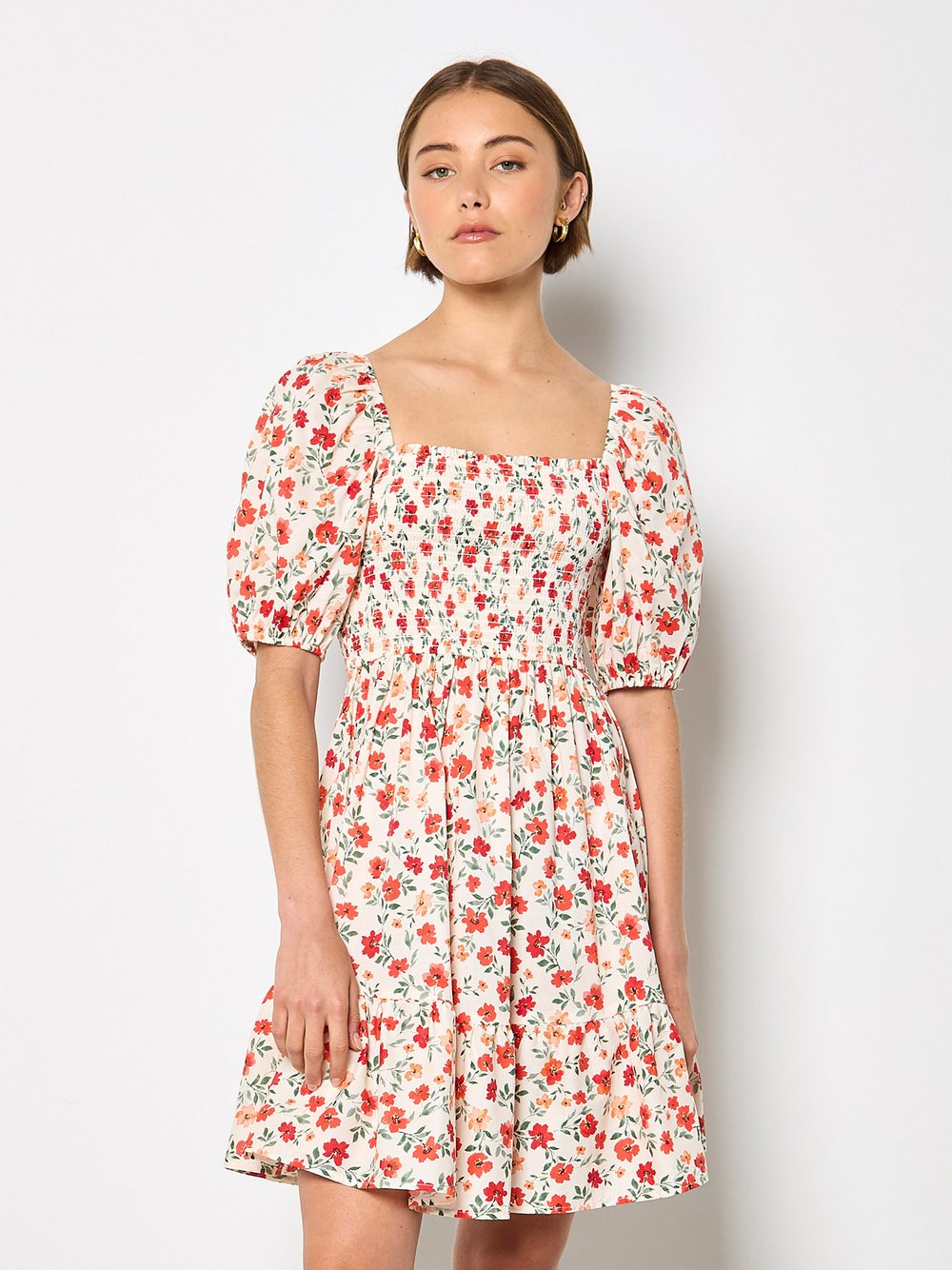 Thumbnail - Apricot Minikleid Damen Baumwolle mehrfarbig gemustert, 34