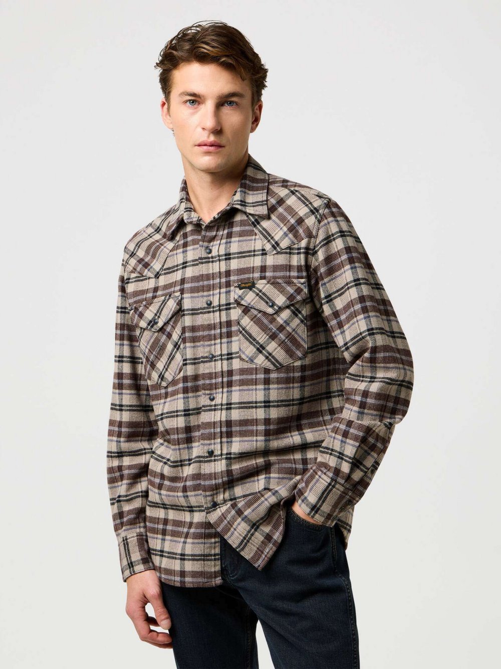 Wrangler Langarmhemd Herren Regular Fit Baumwolle beige kariert, S