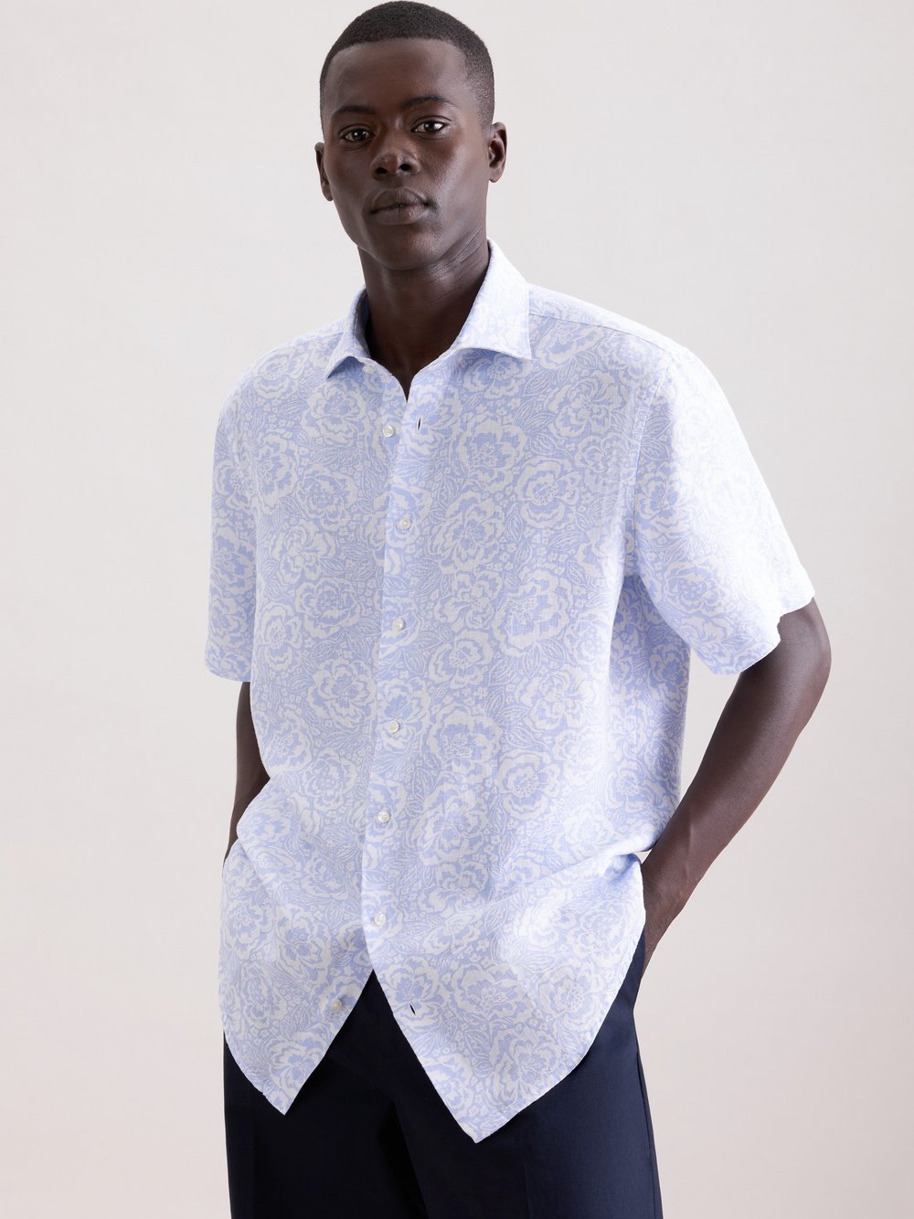 Thumbnail - Seidensticker Leinenhemd Herren Regular Fit blau bedruckt, 42