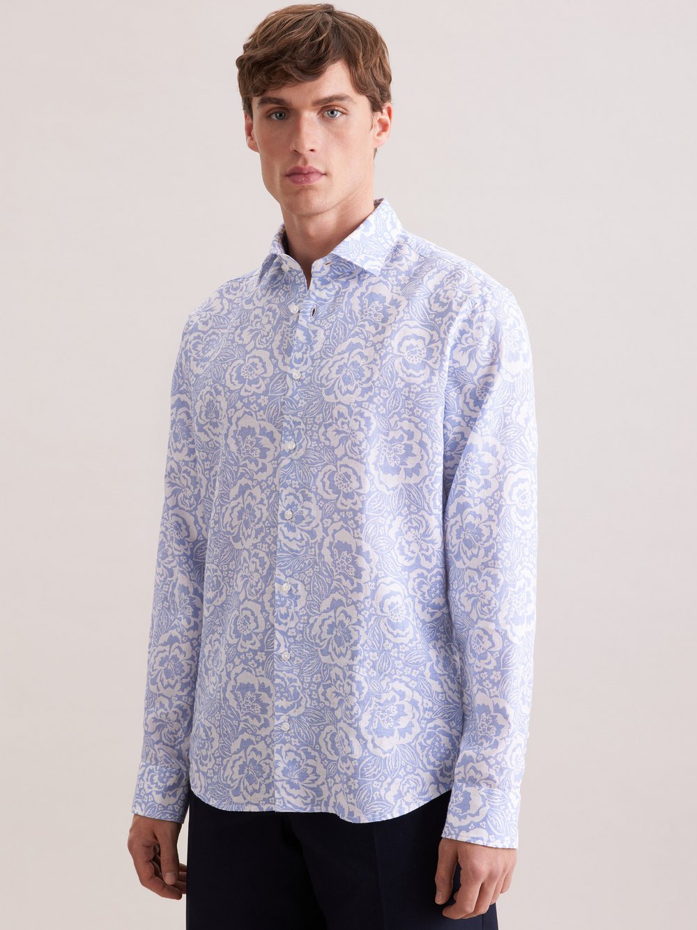 Seidensticker Leinenhemd Herren Slim Fit blau bedruckt, 41