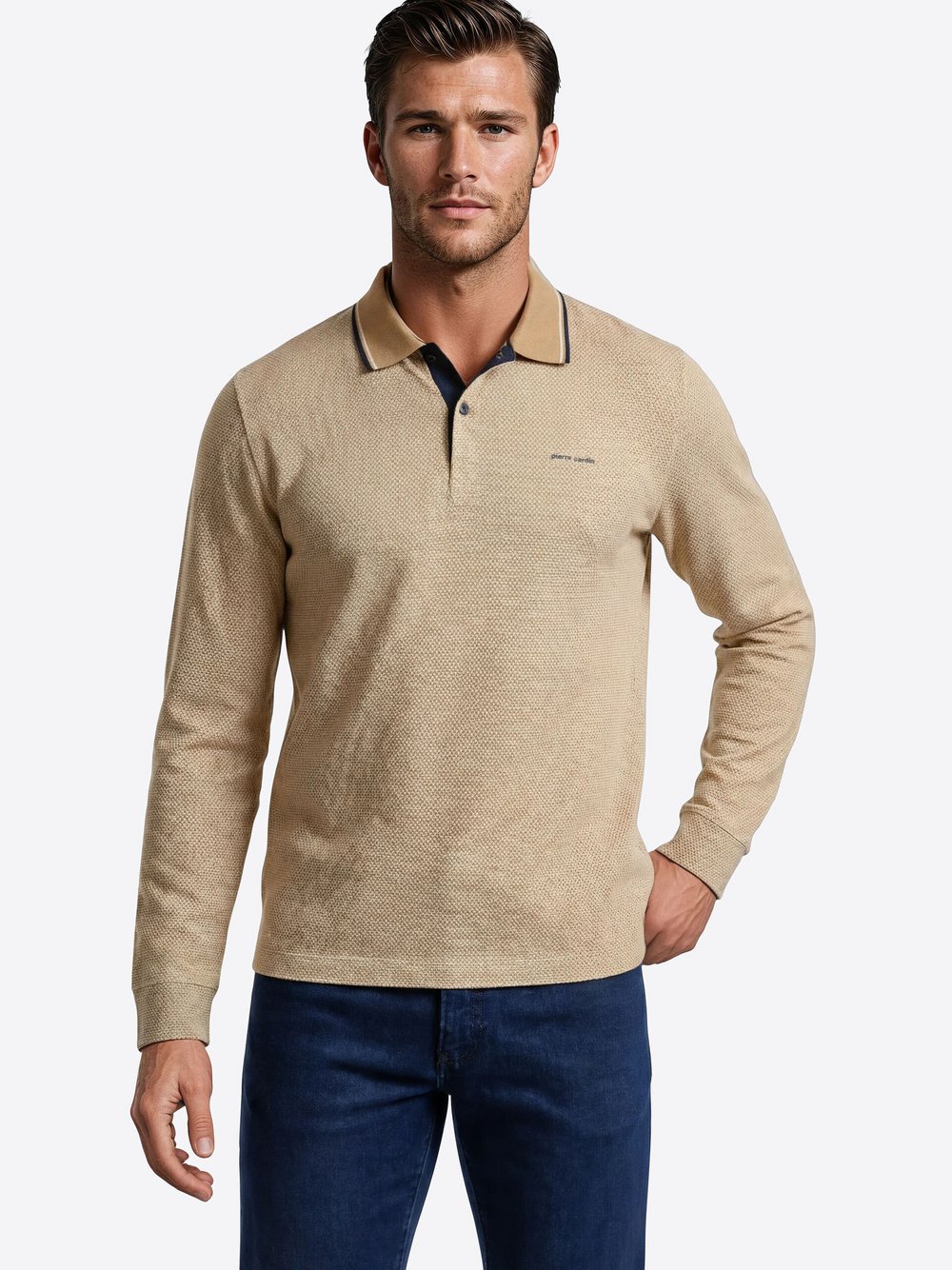 Pierre Cardin Langarmshirt Herren Baumwolle beige gemustert, S