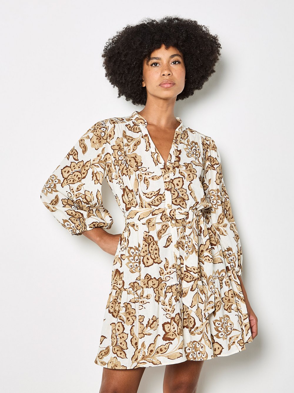 Thumbnail - Apricot Minikleid Damen Leinen beige gemustert, 38