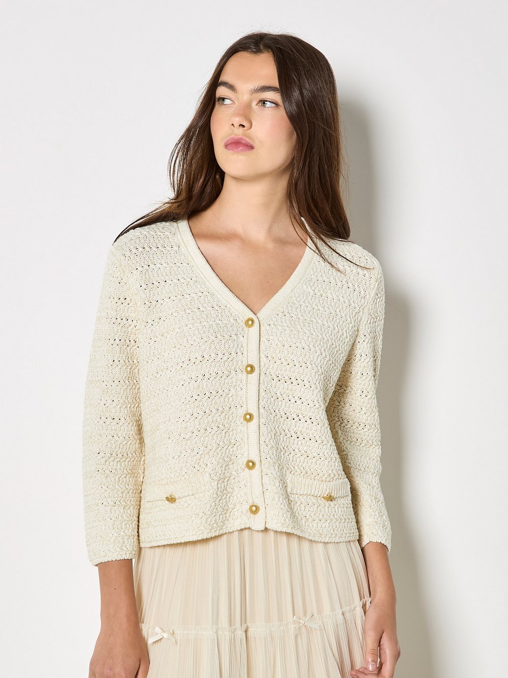 Thumbnail - Apricot Strickjacke Damen Baumwolle beige, 40