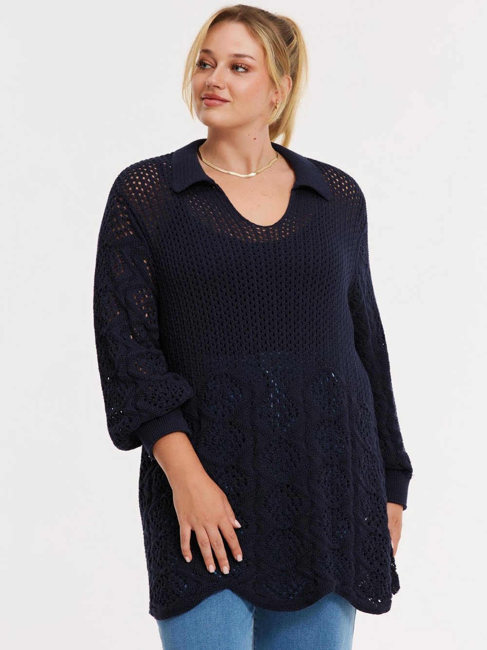 Thumbnail - YOEK Pullover Damen Baumwolle blau gemustert, 50-52