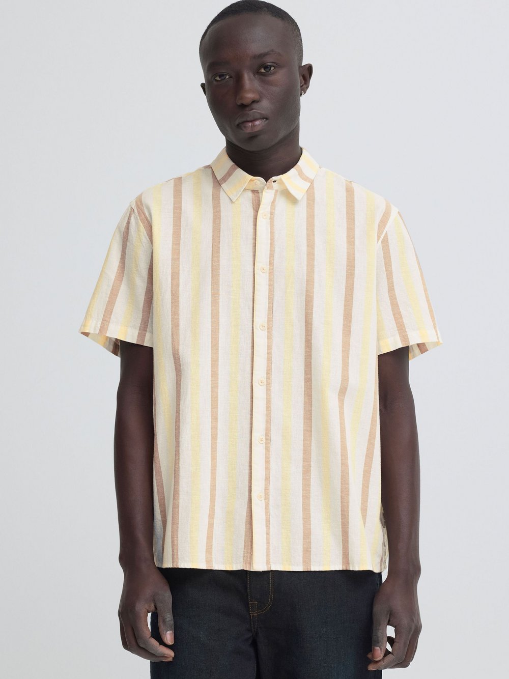 BLEND Leinenhemd Herren Comfort Fit Baumwolle gelb gestreift, L