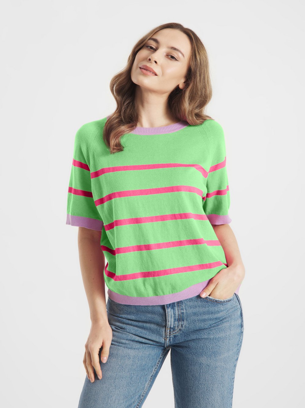 Thumbnail - Frieda & Freddies Strickpullover Damen Baumwolle grün gestreift, 36