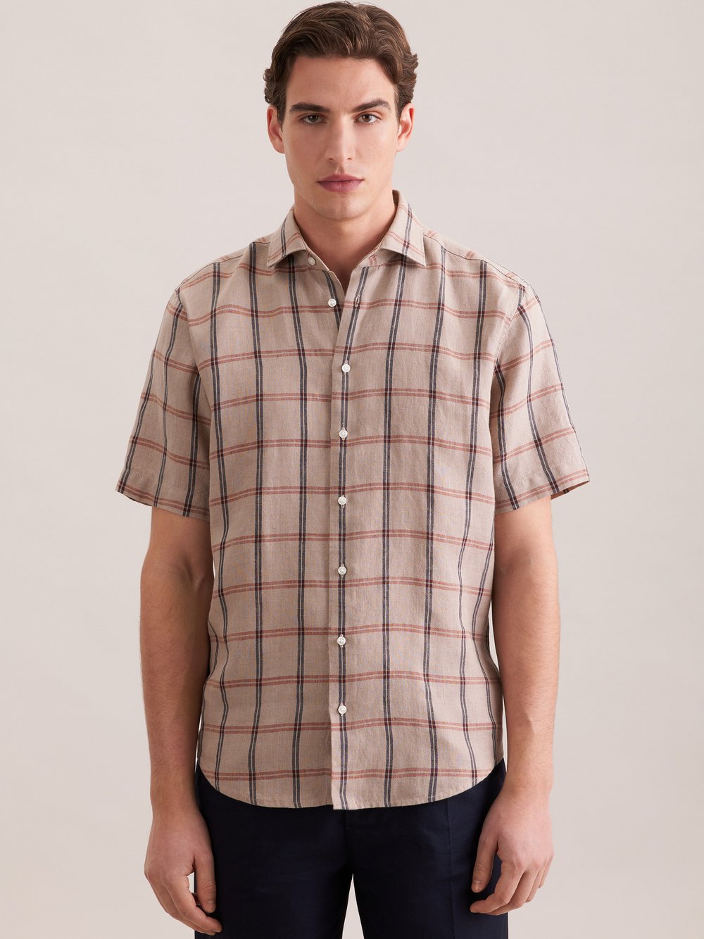 Seidensticker Leinenhemd Herren Regular Fit beige kariert, 46