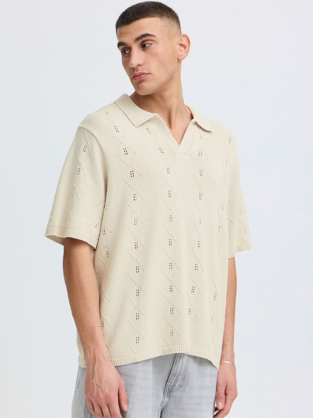 Solid Poloshirt Herren Baumwolle beige strukturiert, L