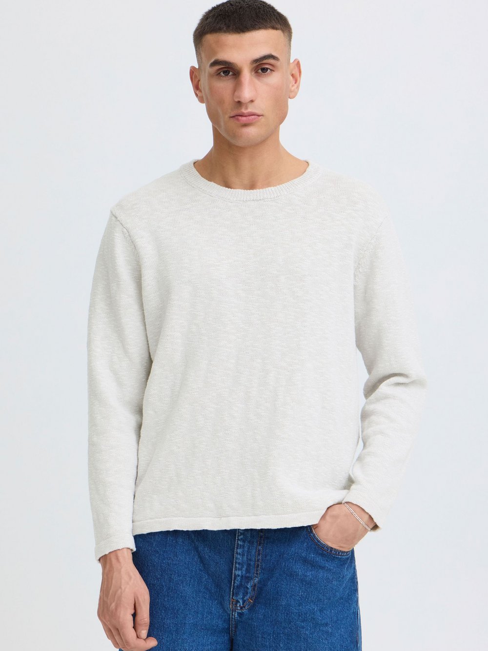 Solid Strickpullover Herren Baumwolle weiß meliert, XXL
