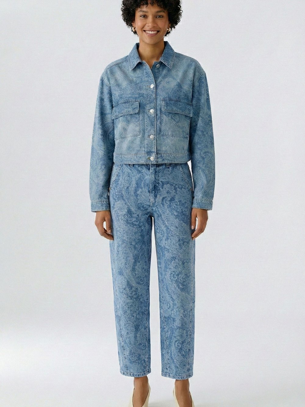 Thumbnail - Oui Jeansjacke Damen Baumwolle blau gemustert, 46