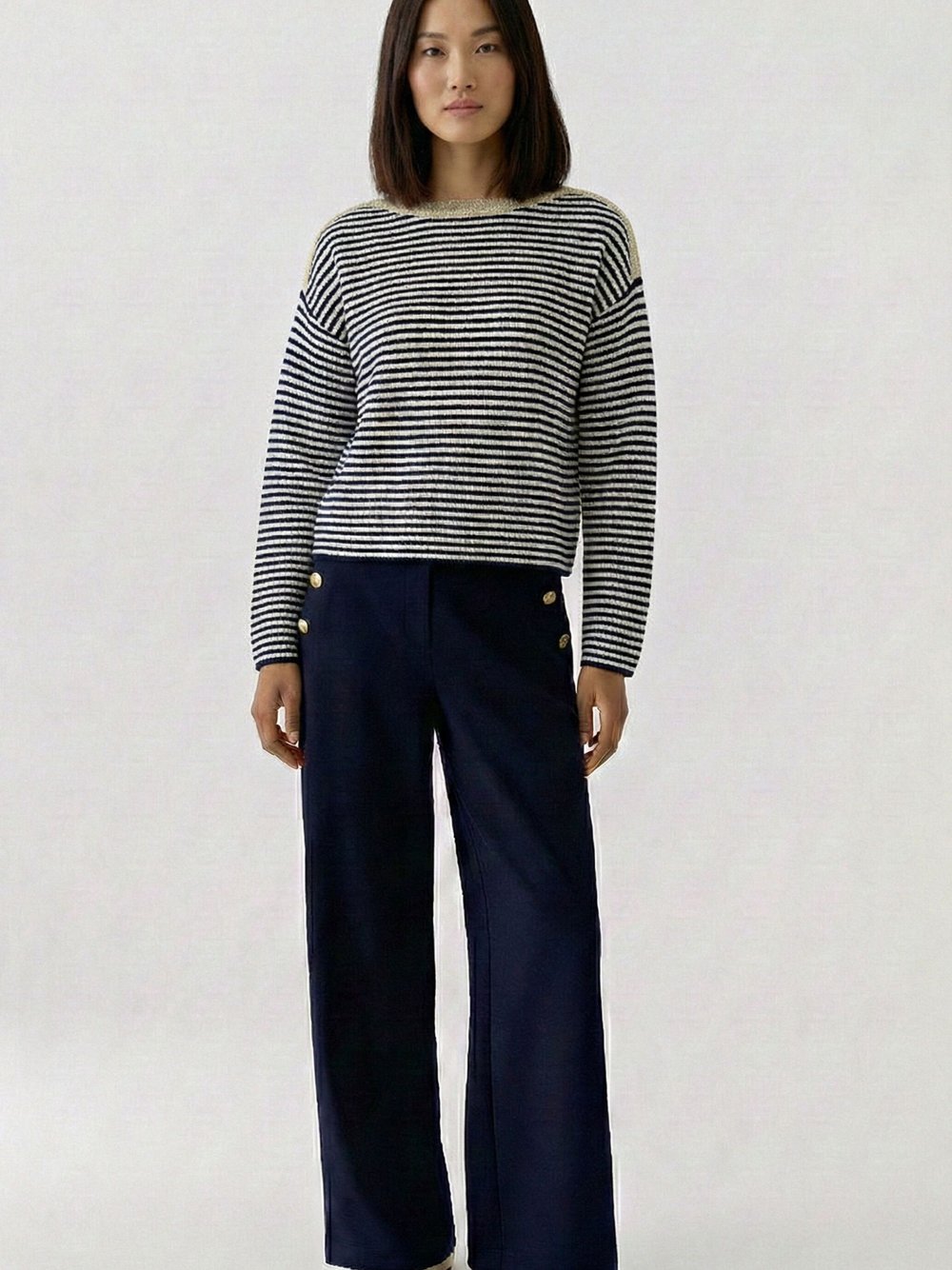 Oui Pullover Damen Baumwolle blau gestreift, 34