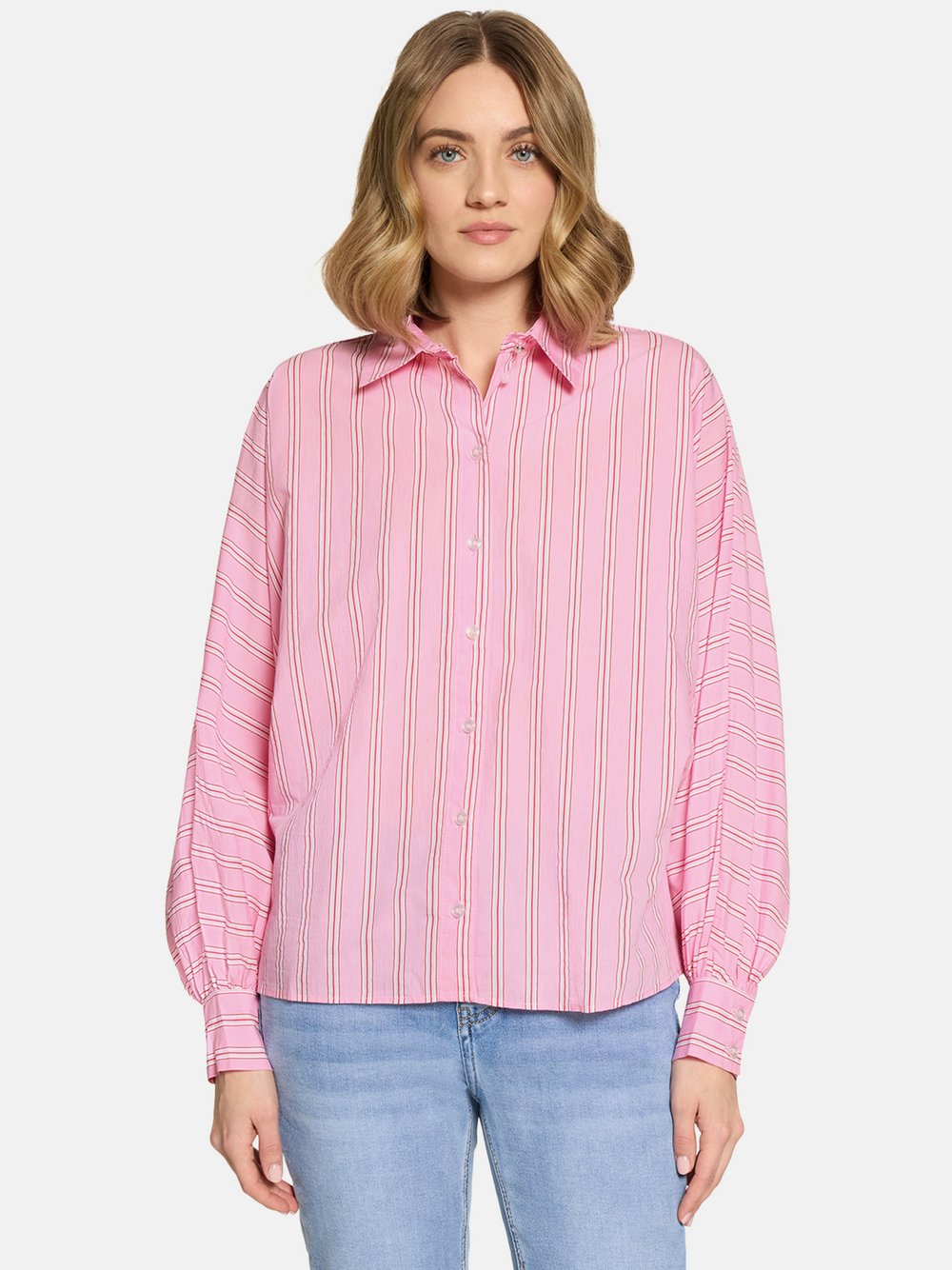 Cartoon Oversize-Bluse Damen Baumwolle rosa gestreift, 42