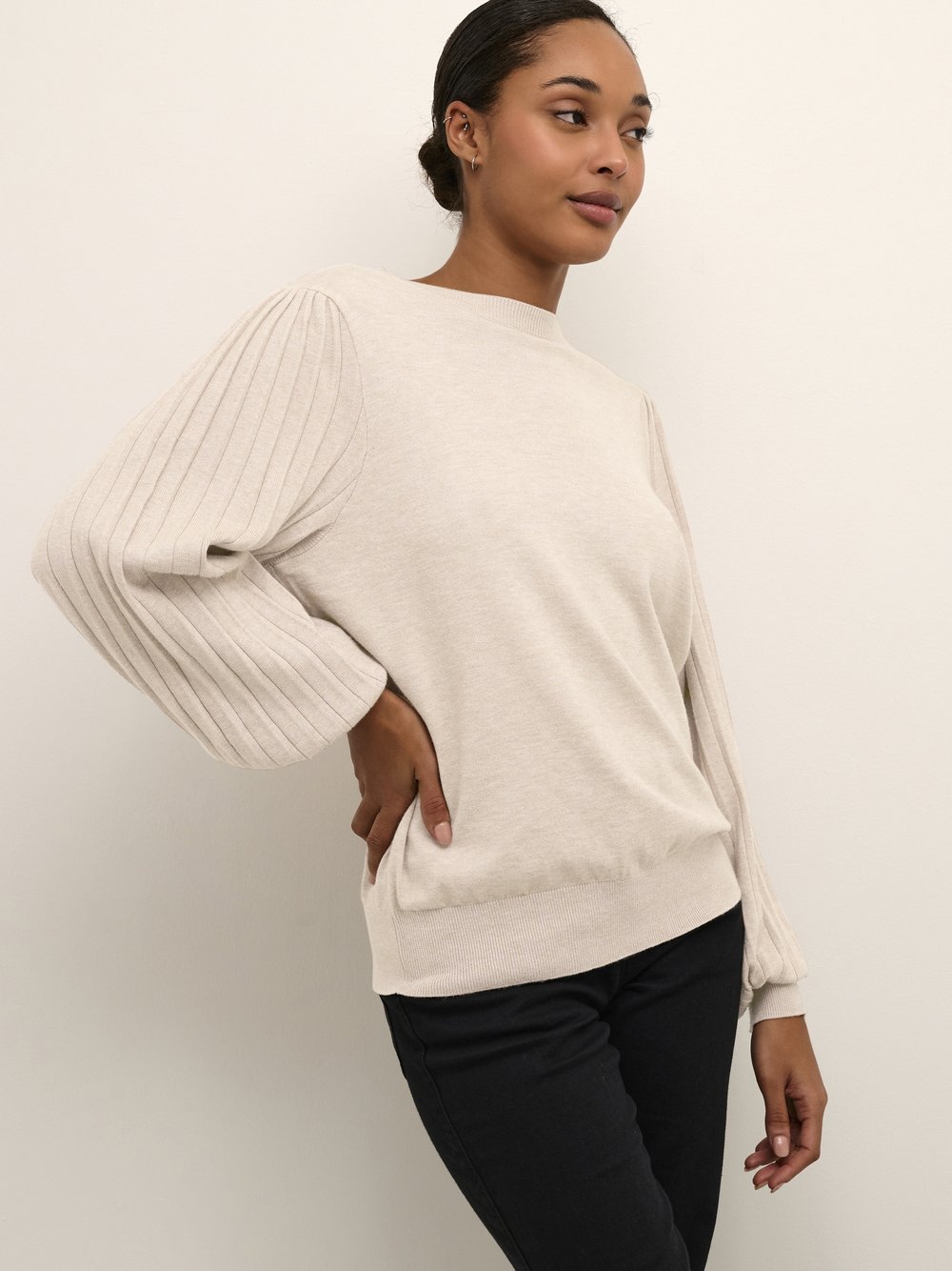 Kaffe - Klassischer Sand Melange Strickpullover - Knitwear - Damen - Beige - L - Bild 6