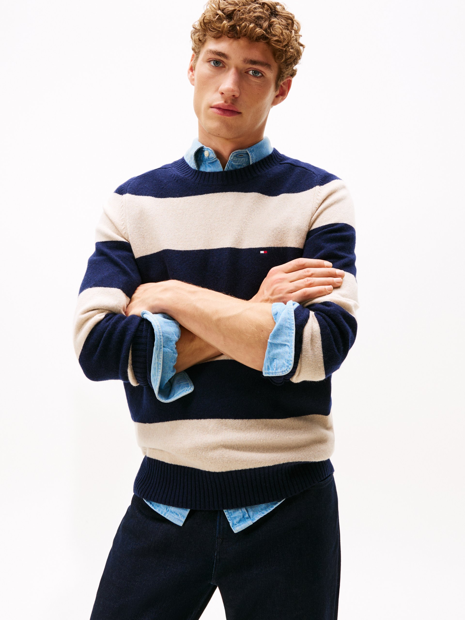 Tommy Hilfiger wełniany sweter Mężczyźni Wełna niebieski|beżowy