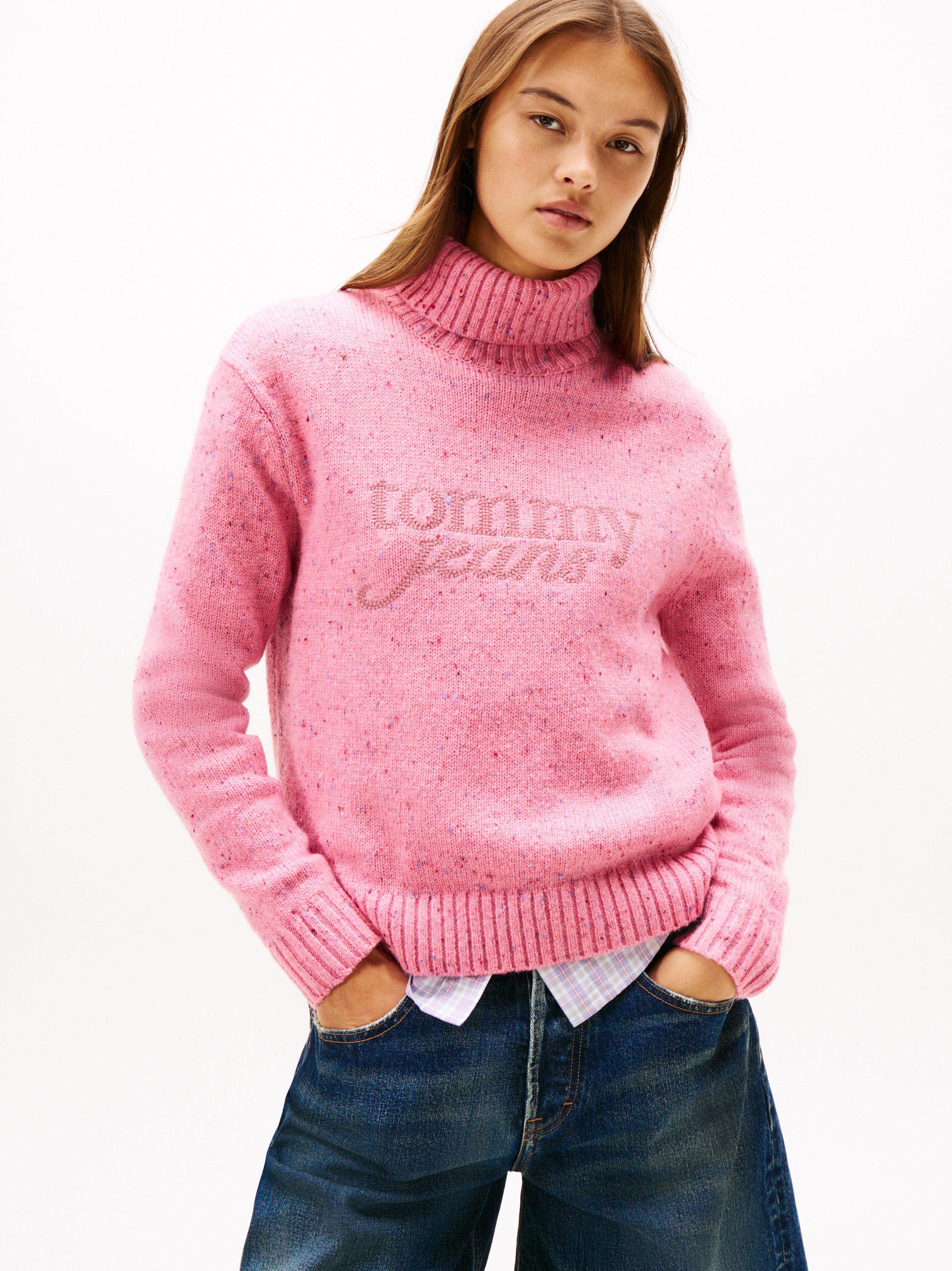 Tommy Jeans sweter z dzianiny z zawartością wełny Kobiety wyrazisty róż