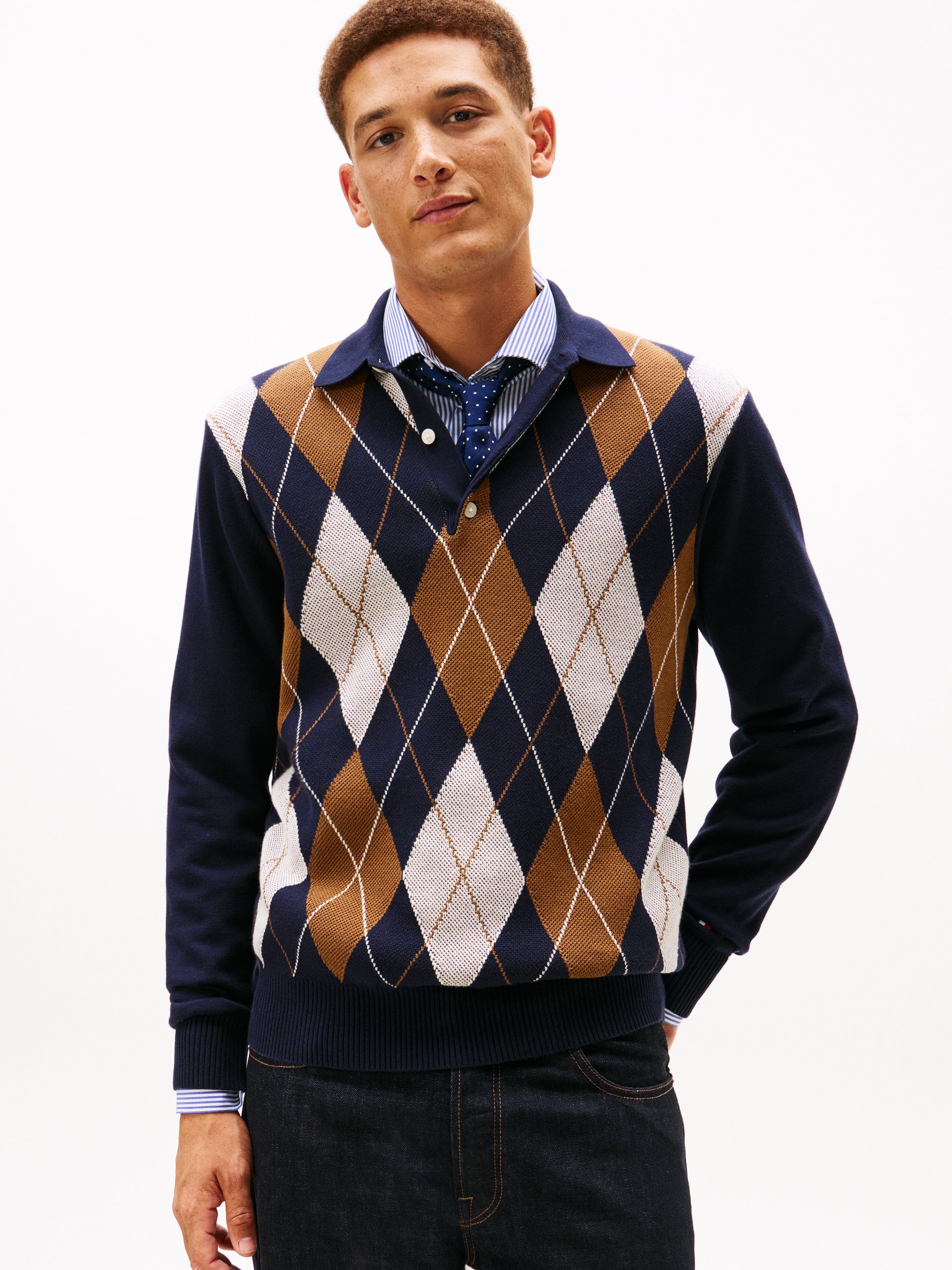Tommy Hilfiger sweter z dzianiny Mężczyźni drobna dzianina niebieski|brązowy|biały