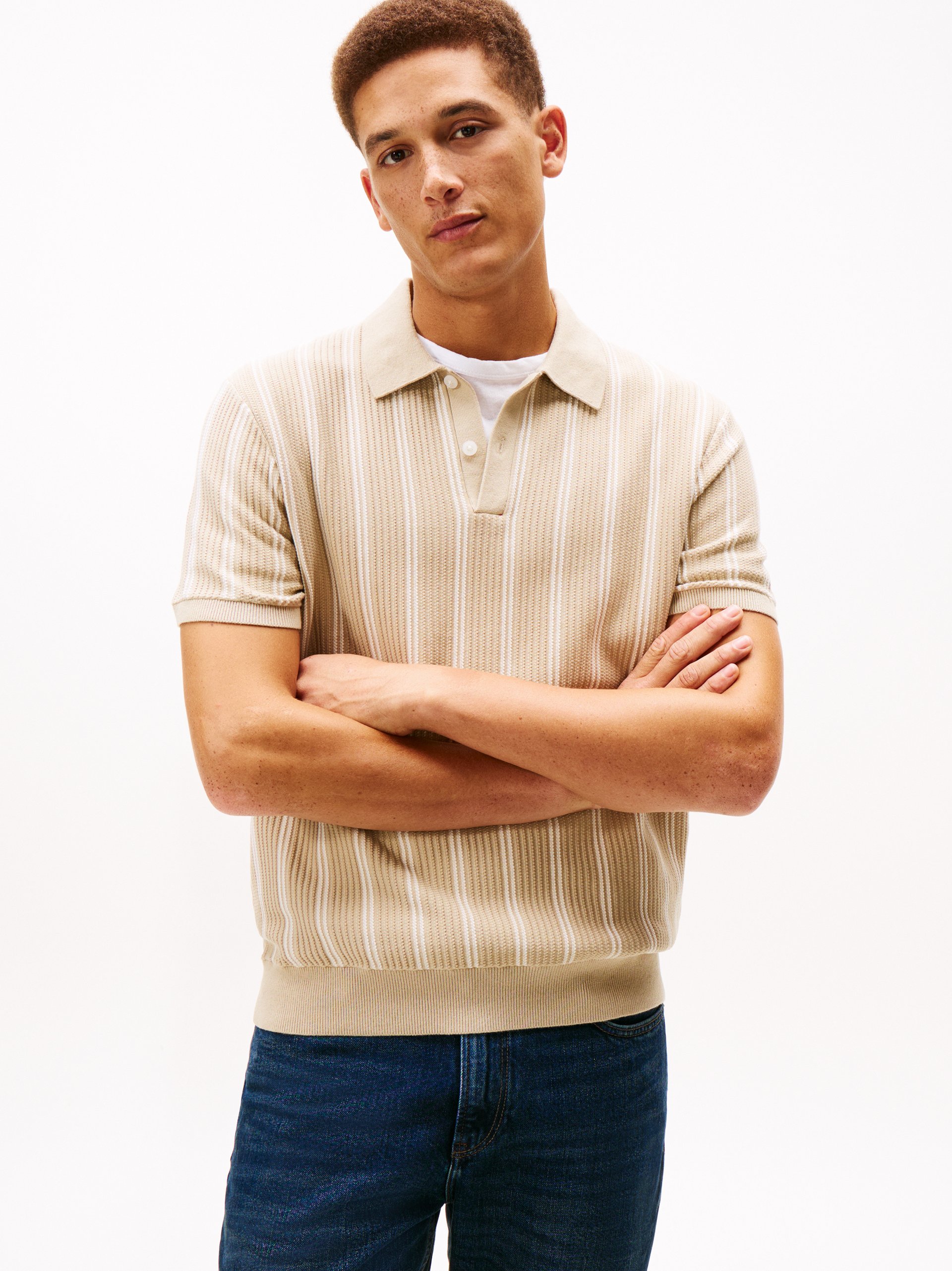 Tommy Hilfiger koszulka polo z dzianiny Mężczyźni Bawełna beżowy|biały