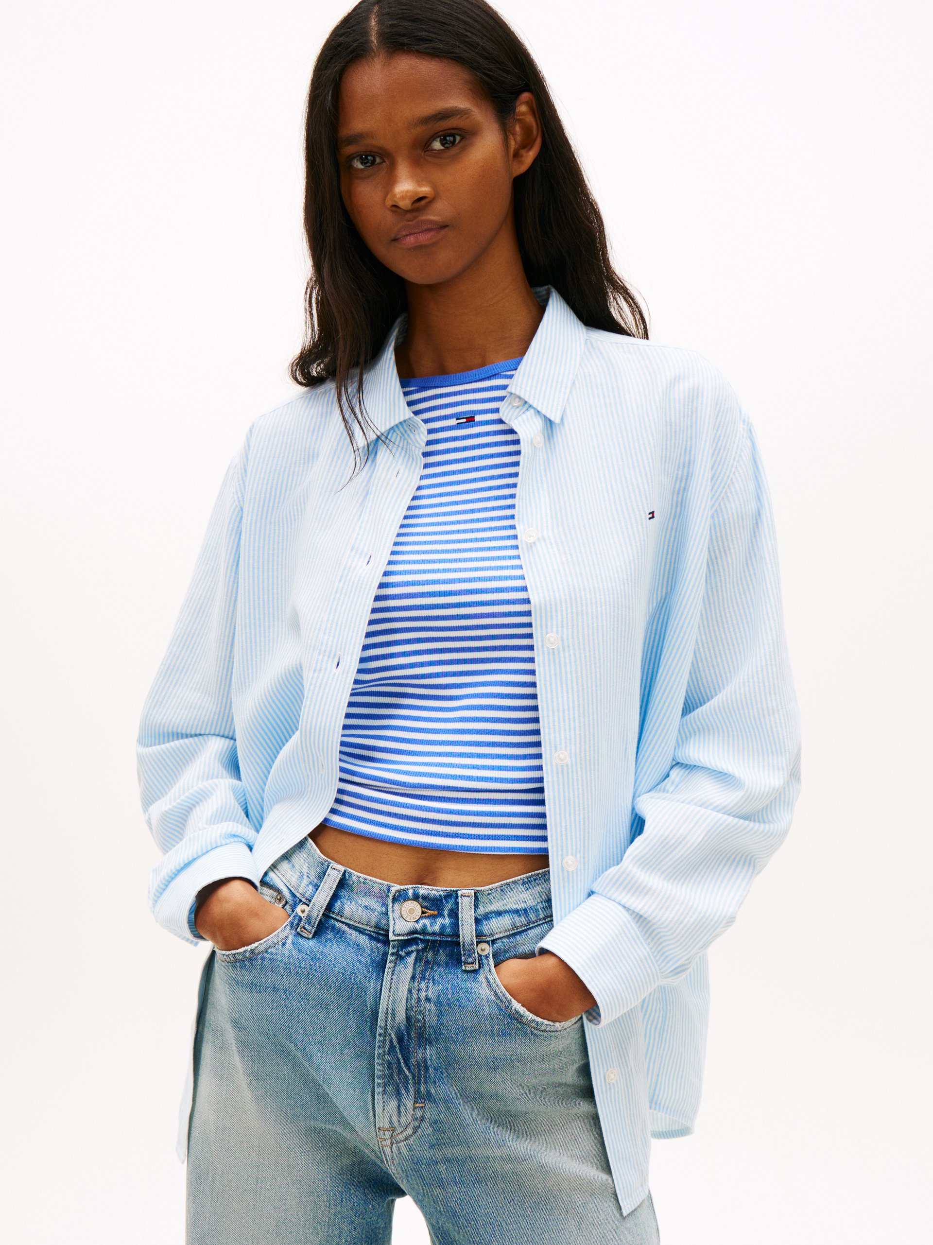 Tommy Jeans bluzka koszulowa z zawartością lnu Kobiety Bawełna niebieski