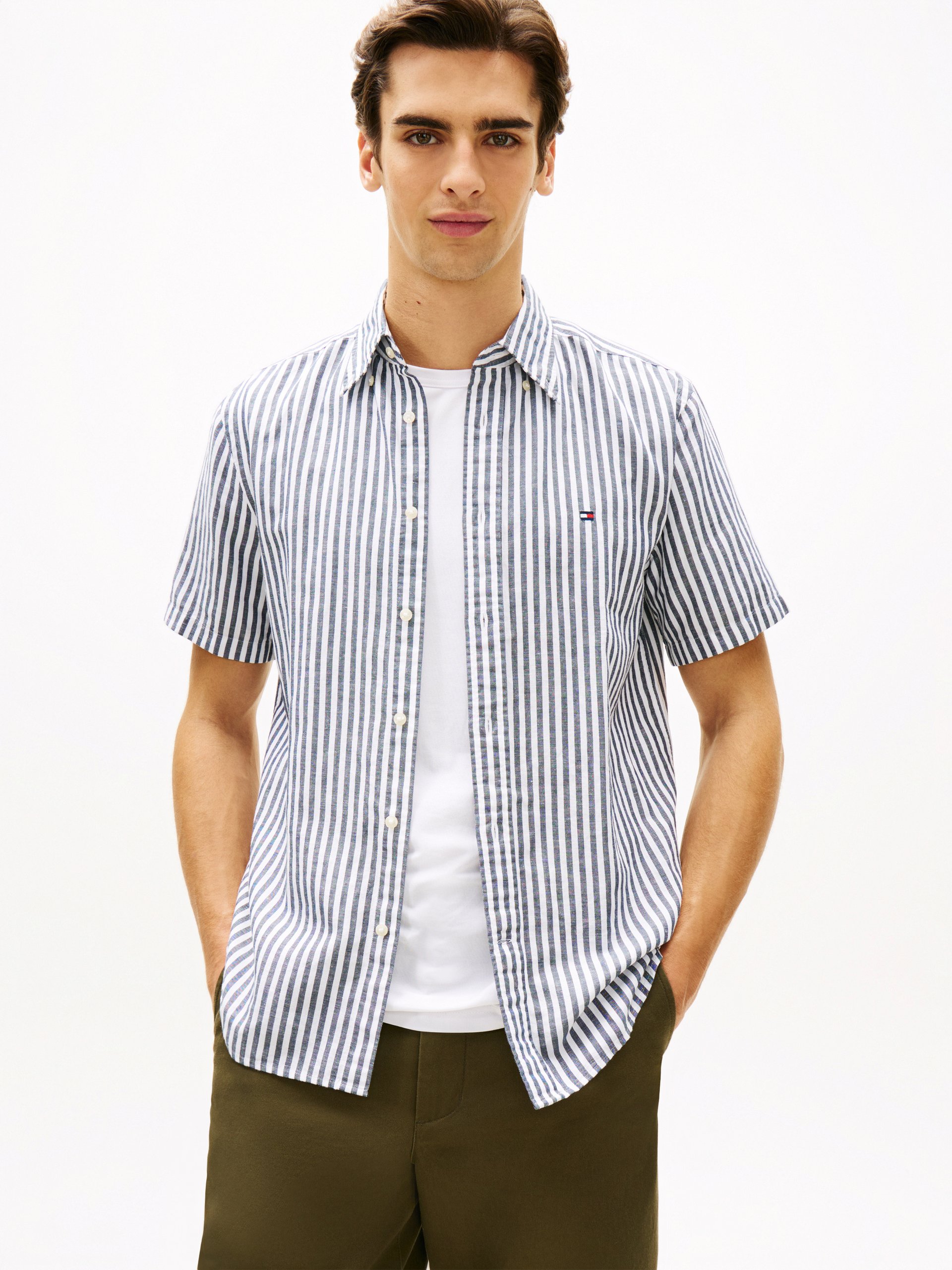 Tommy Hilfiger koszula z krótkim rękawem z lnu Mężczyźni Regular Fit Bawełna czarny