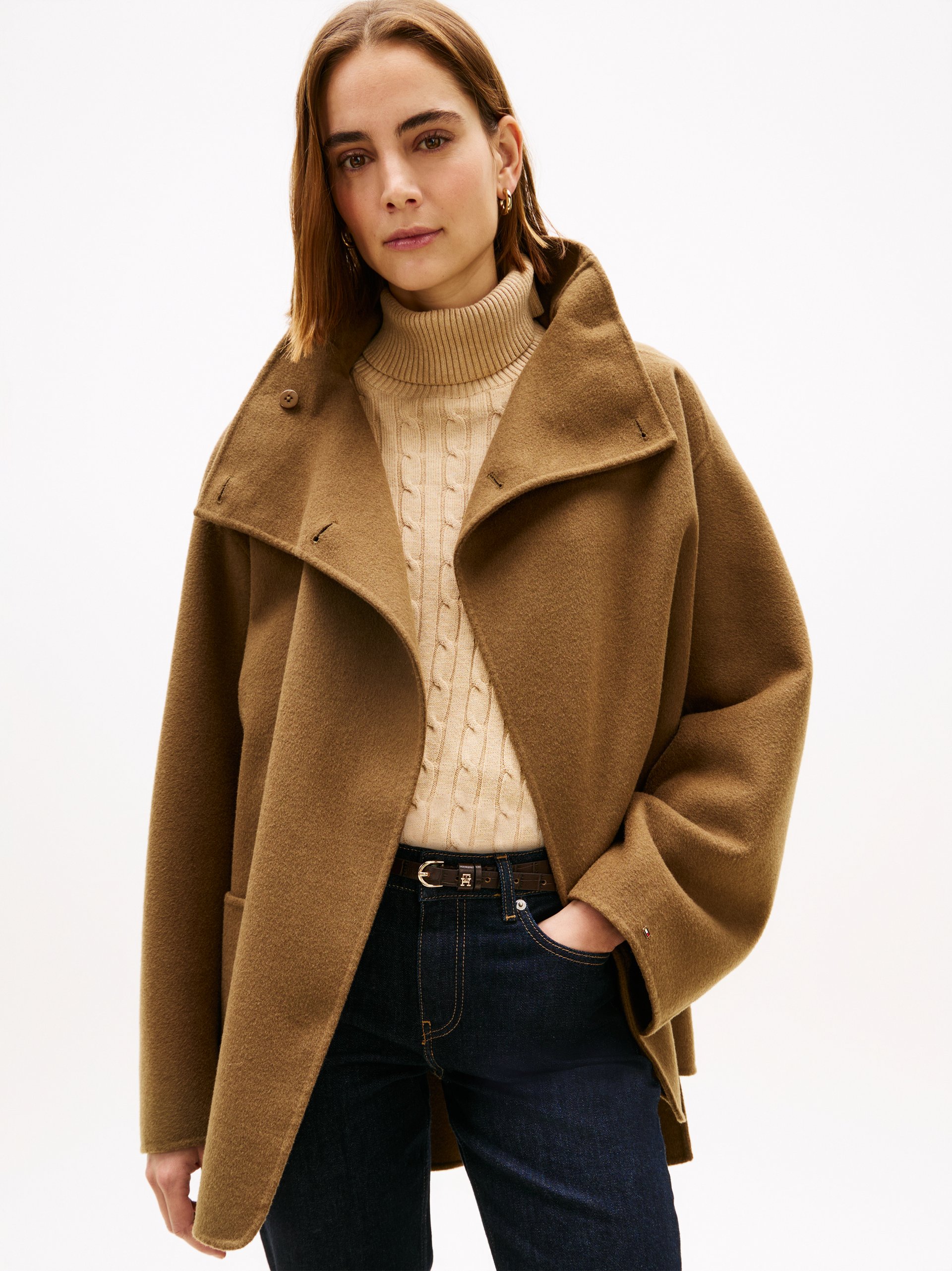 Tommy Hilfiger Krótki wełniany płaszcz Kobiety Wełna brązowy, S/M