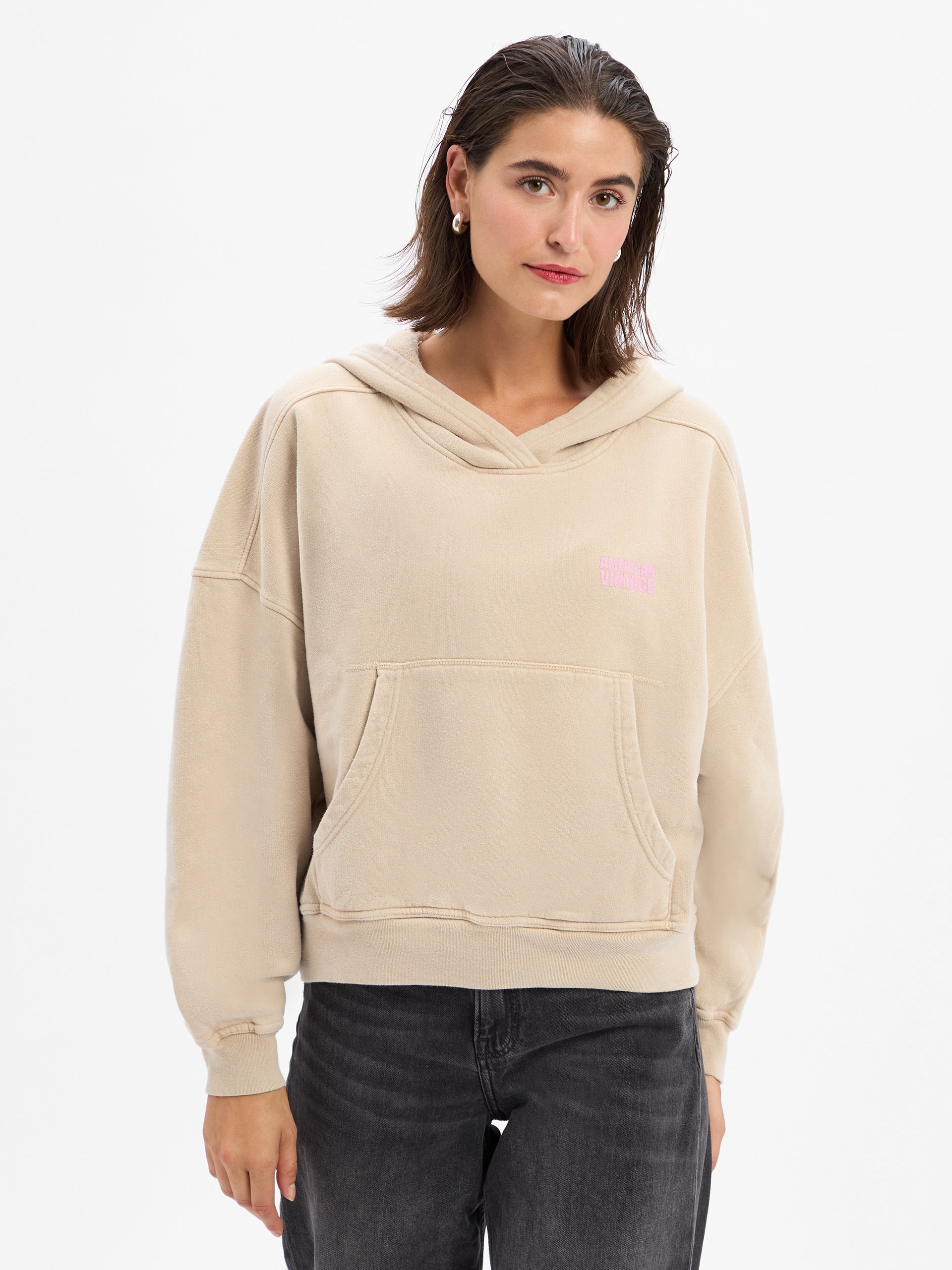 american vintage bluza z kapturem - Puzzy Kobiety Bawełna beżowy